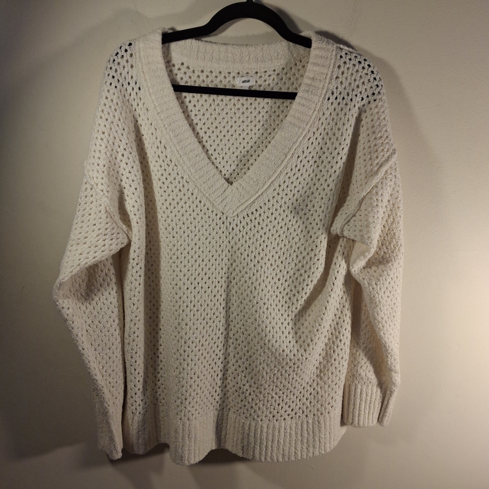Aerie Women's Long Sleeve Cream Open Knit V-Neck Sweater Size M